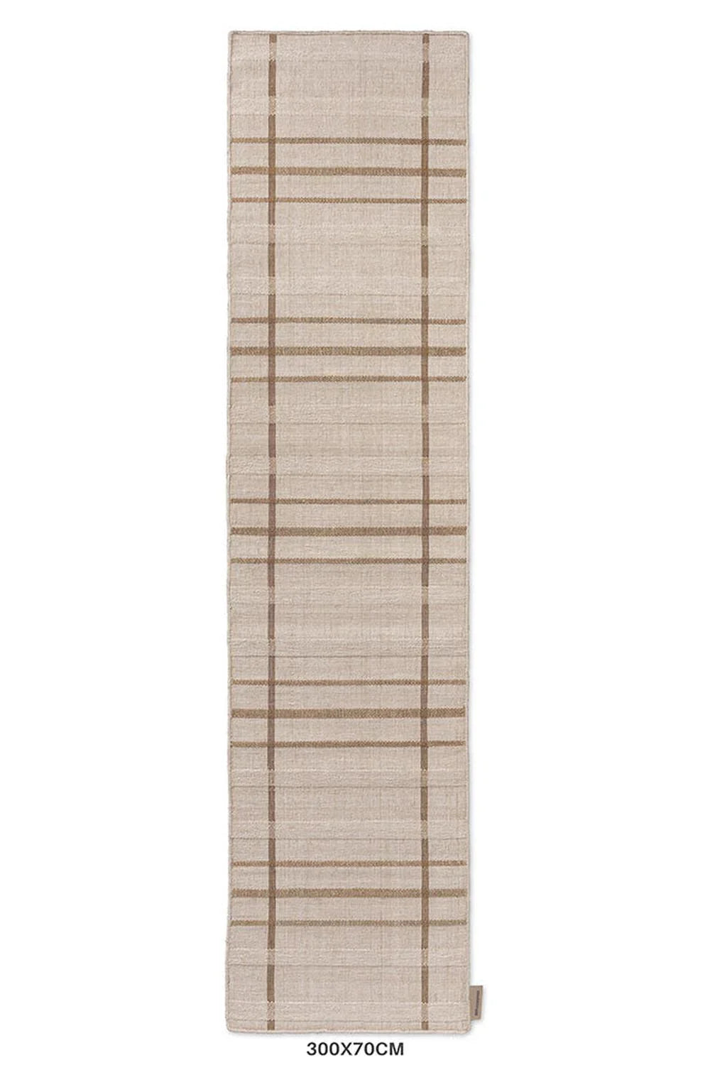 Brink & Campman Zona Sesame Line Runner featuring plaid lines in beige and camel on beige background, machine-made polypropylene outdoor rug