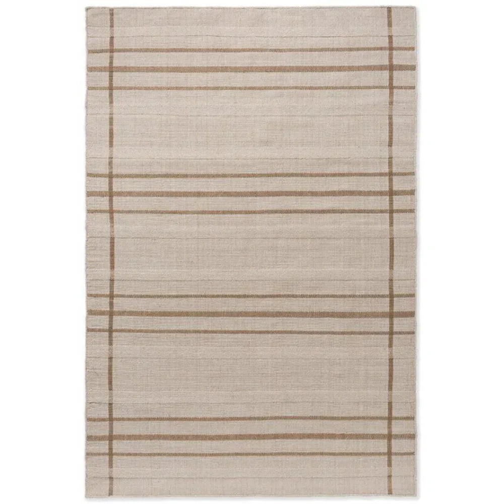 Brink & Campman Zona Sesame Line outdoor rug featuring striped grid pattern in cream, tan and light brown on beige background, power-loomed polypropylene