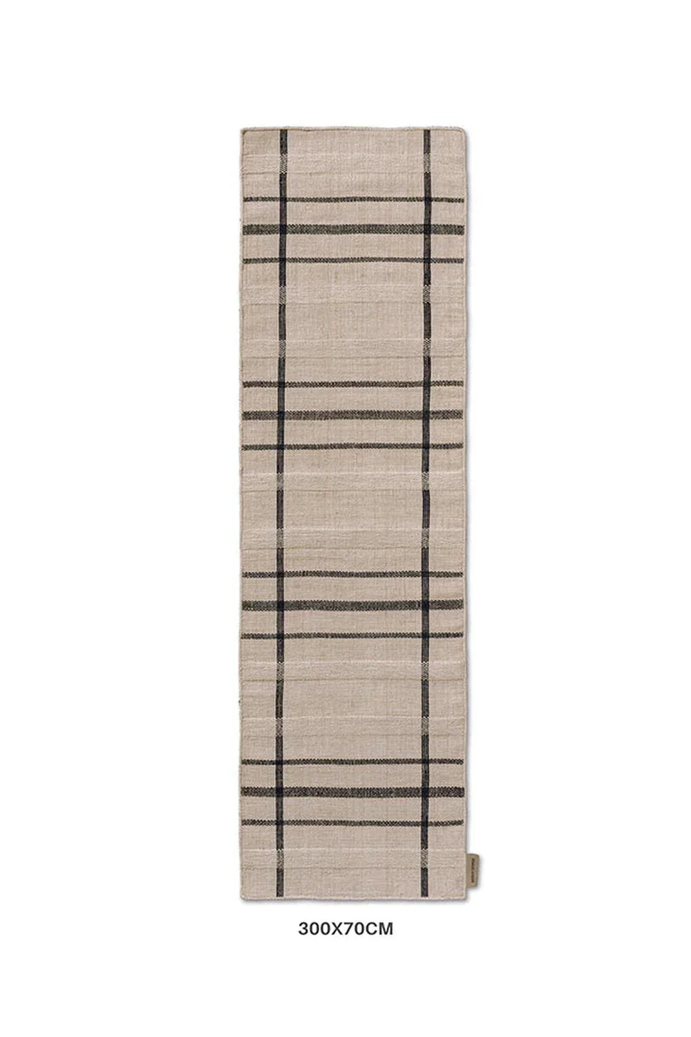 Brink & Campman Zona Charcoal Line Runner Designer Outdoor Rug featuring plaid pattern in charcoal, beige on natural background, outdoor rug polypropylene