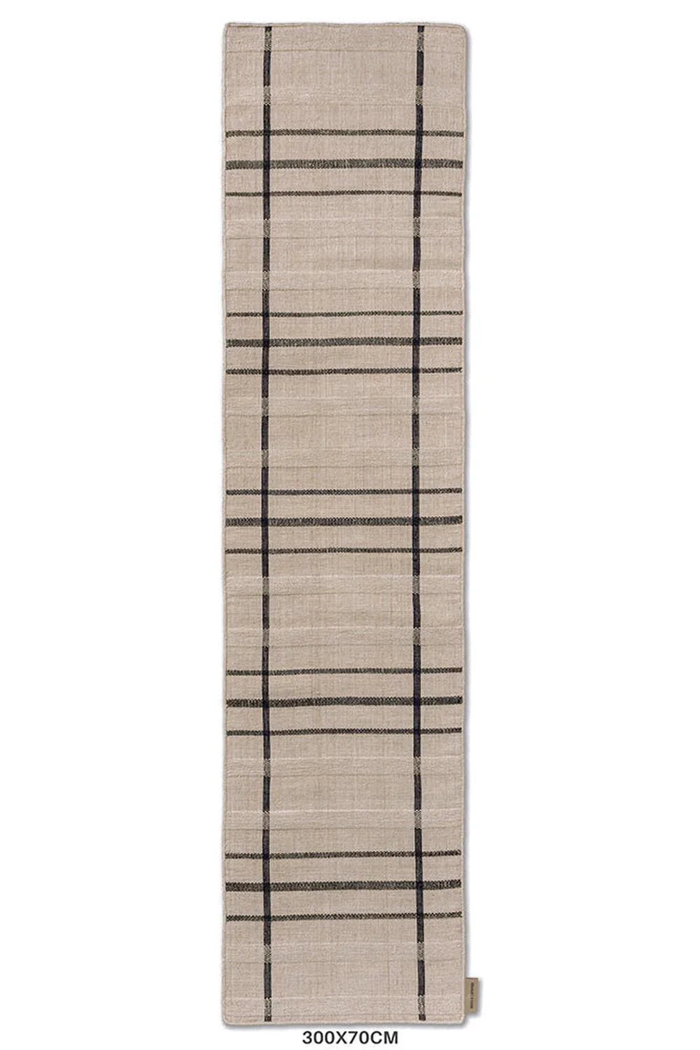 Brink & Campman Zona Charcoal Line Runner outdoor rug featuring plaid pattern in beige and charcoal on tan, machine-made polypropylene