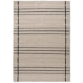 Zona Charcoal Line Outdoor Rug featuring a minimalist grid stripe pattern in beige with charcoal lines on a light taupe background.