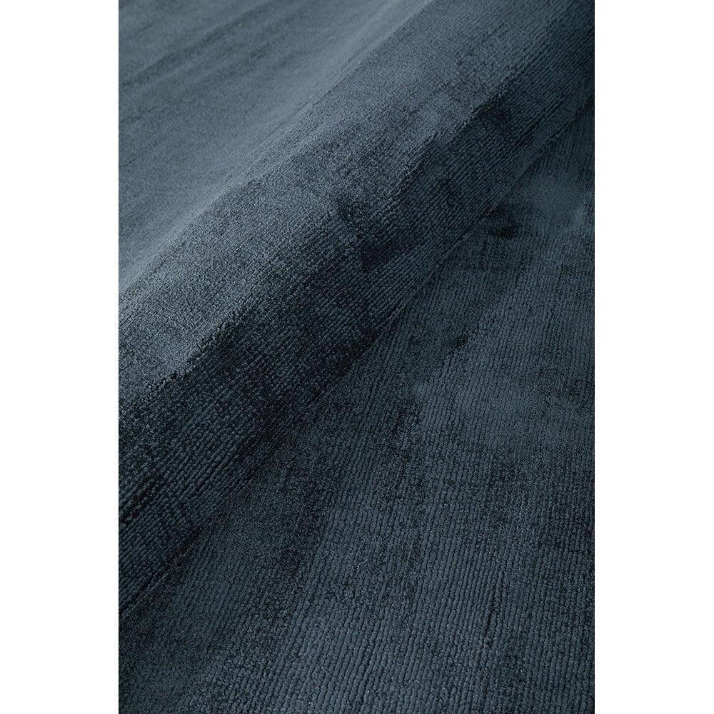 Joy Denim Rug featuring denim-textured pattern in deep navy and charcoal on blue background, machine-made polyester