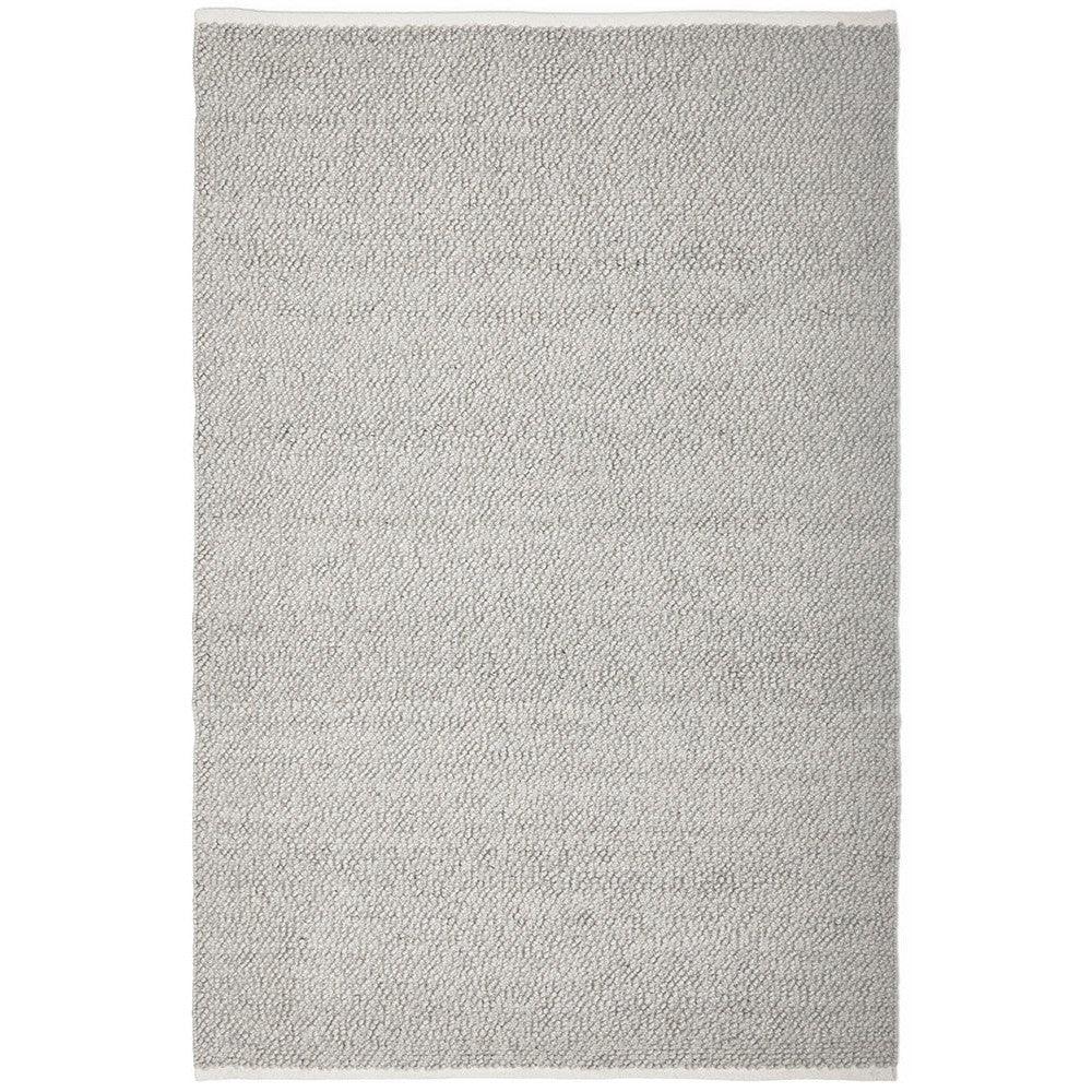 Boucle Grey Rug featuring boucle texture in light grey on white background, boucle weave construction, polyester