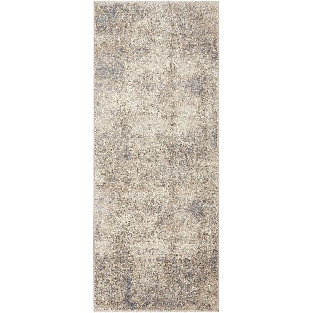 Bronte Aldo Sky Runner Rug: distressed abstract pattern in beige, pale blue and grey on light background, hand-tufted wool