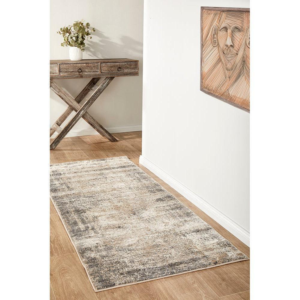 Bronte Ceasar Manor Runner featuring distressed pattern in taupe, cream and grey on ivory background, machine-made polypropylene