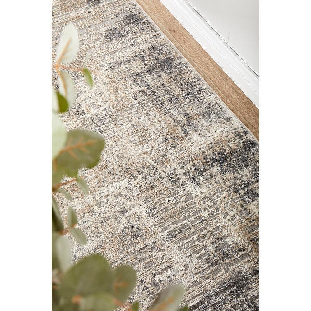 Bronte Ceasar Manor Runner featuring distressed abstract pattern in cream, beige, taupe and charcoal on cream background, hand-tufted wool
