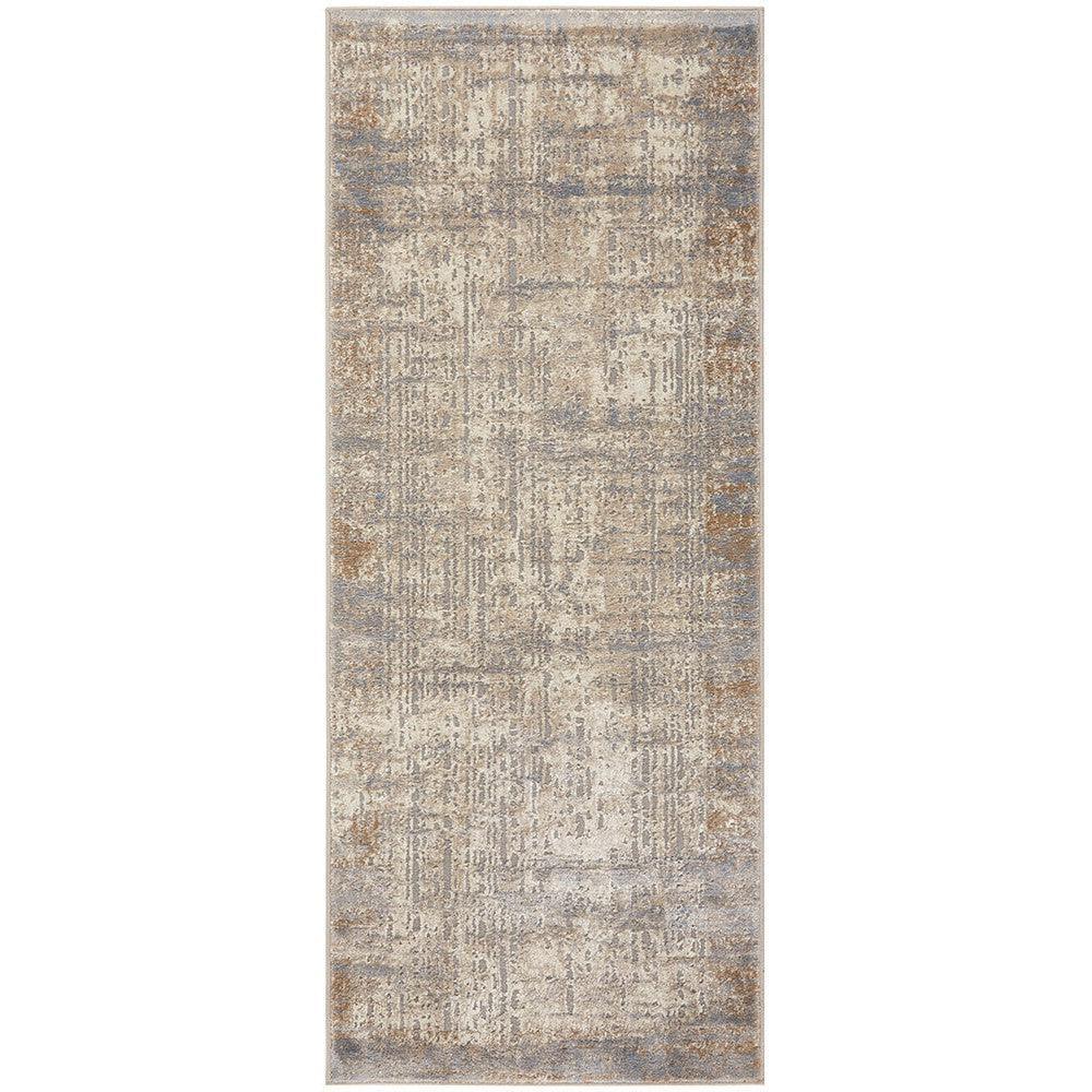 Bronte Nola Powder Runner Rug featuring abstract distressed pattern in beige, taupe, grey-blue and ivory on light background, machine-woven polypropylene