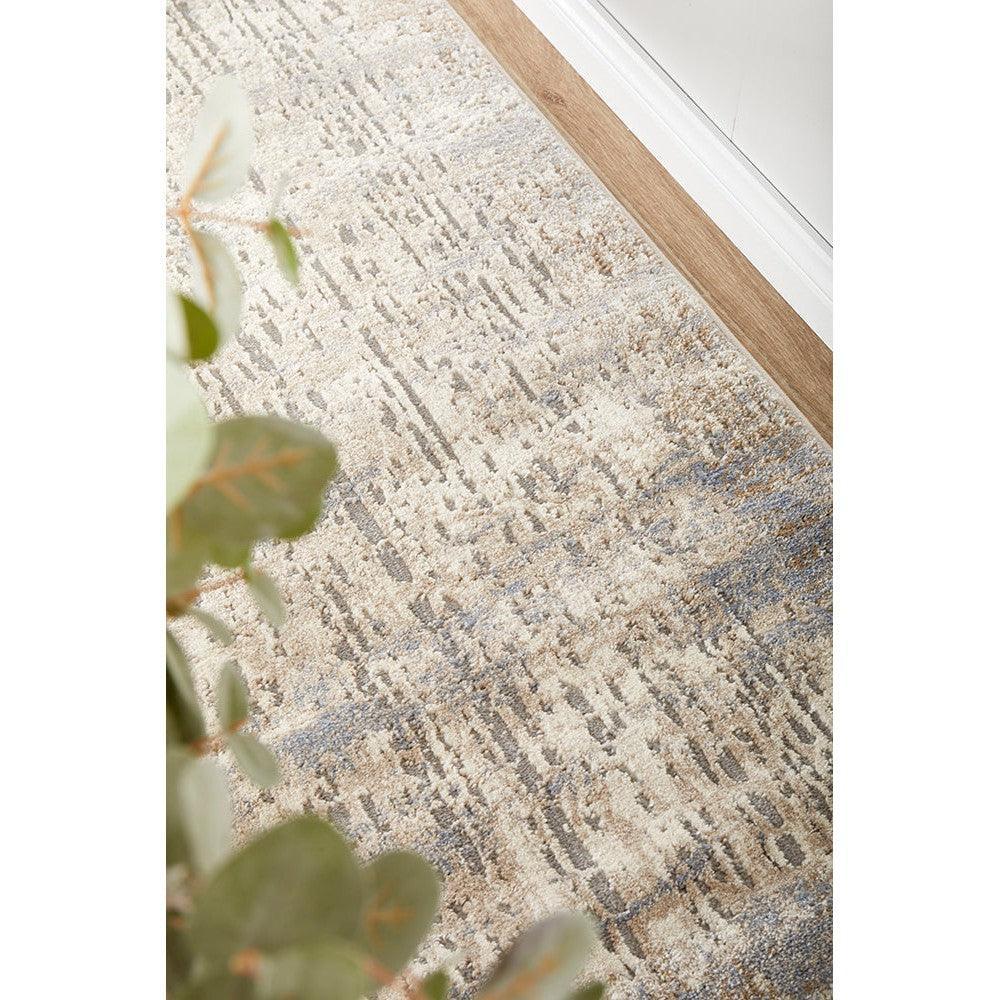 Bronte Nola Powder Runner Rug featuring abstract distressed pattern in cream, grey and powder blue on ivory, hand-tufted wool