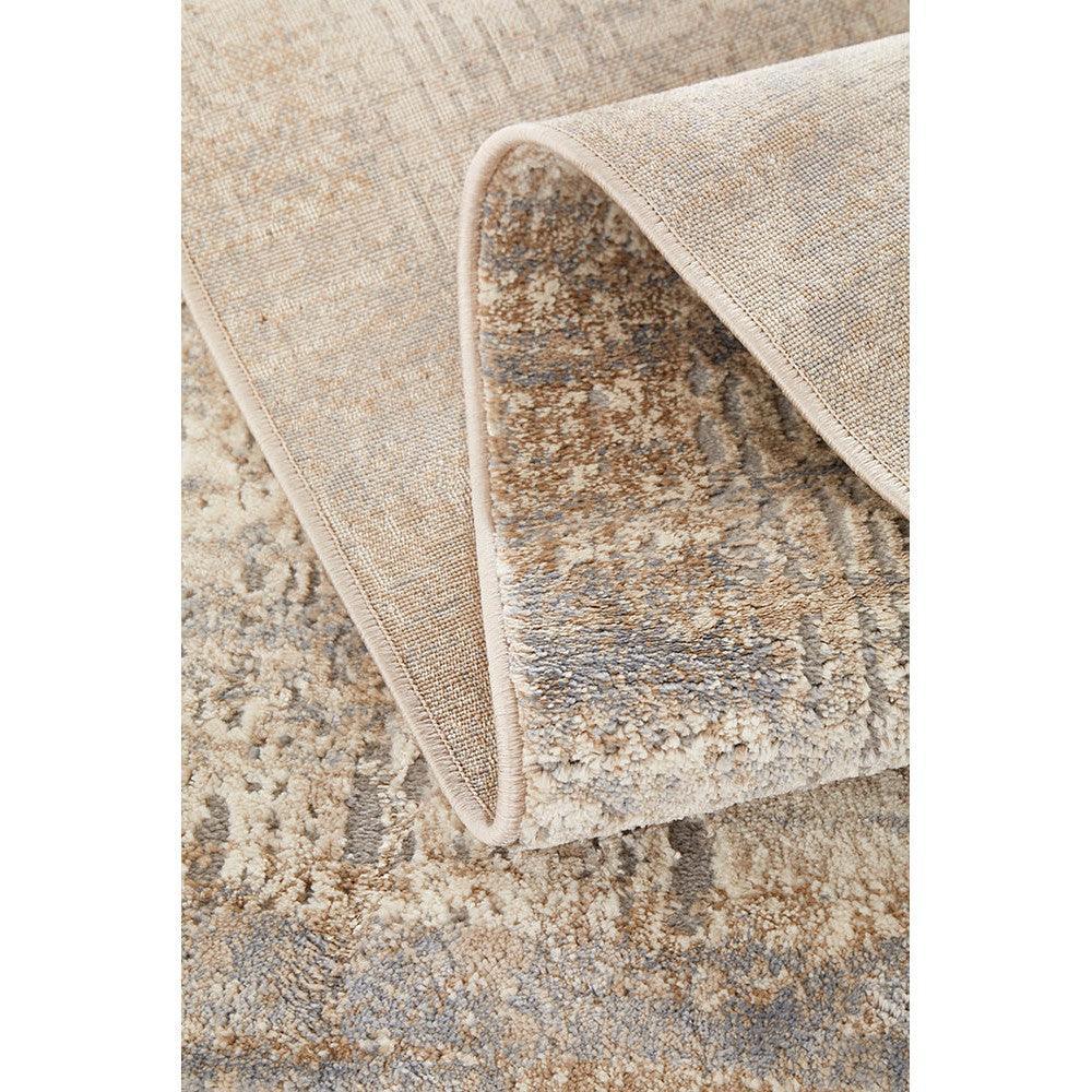 Bronte Nola Powder Runner Rug featuring distressed abstract pattern in cream, taupe, dusty blue on beige background, hand-tufted wool