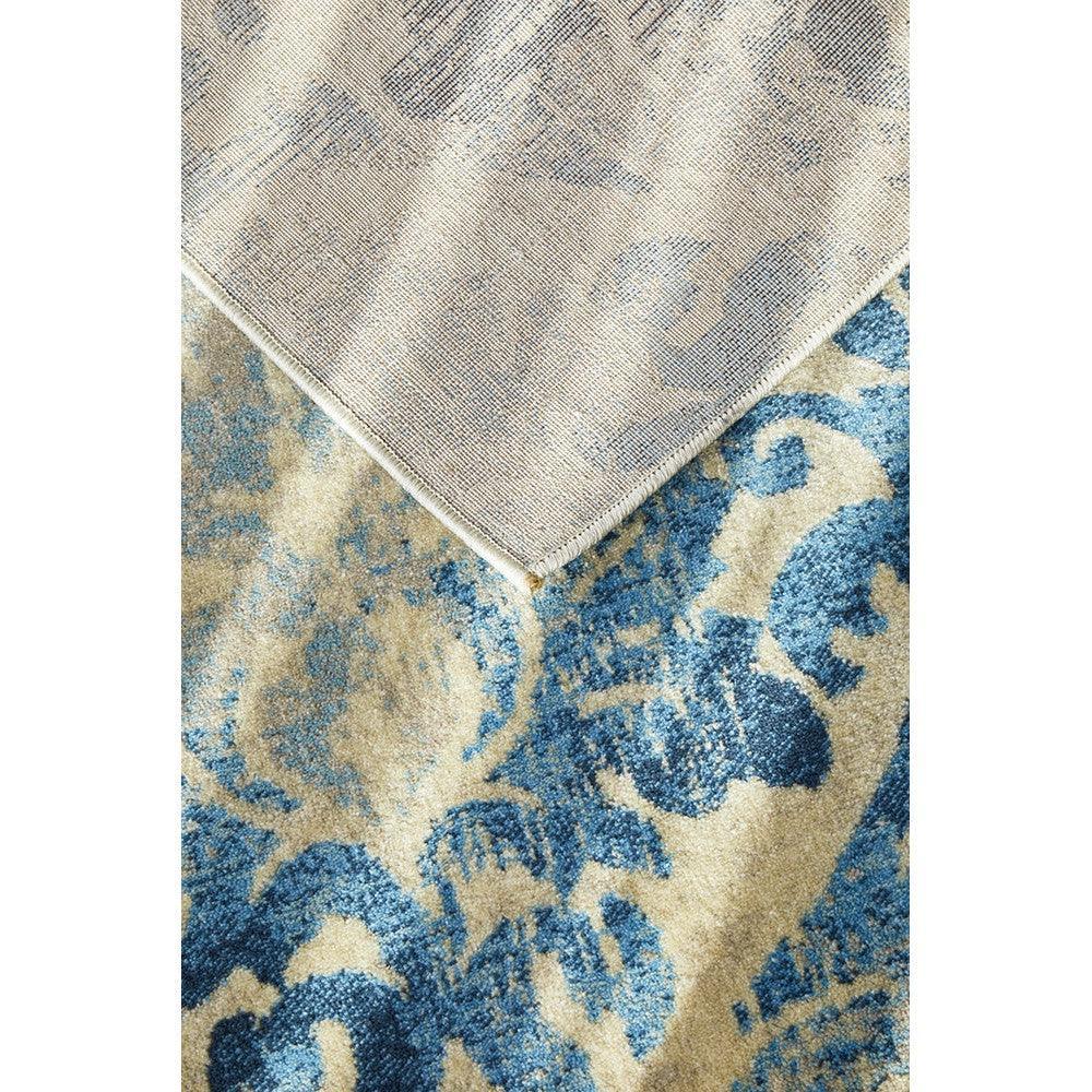 Calypso Bone Rug featuring damask floral pattern in beige bone, cream and blue on ivory background, hand-tufted wool