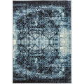 Calypso Navy Rug featuring distressed vintage medallion in navy, sky blue and teal on dark gradient background, machine-made synthetic