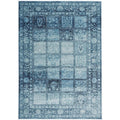 Calypso Blue Rug featuring patchwork square grid with vintage floral border in navy, royal blue, sky blue on pale blue, hand-tufted wool