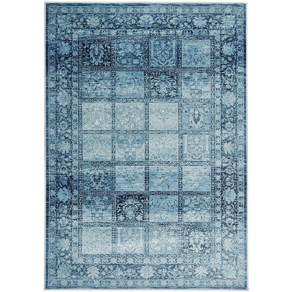 Calypso Blue Rug featuring patchwork square grid with vintage floral border in navy, royal blue, sky blue on pale blue, hand-tufted wool