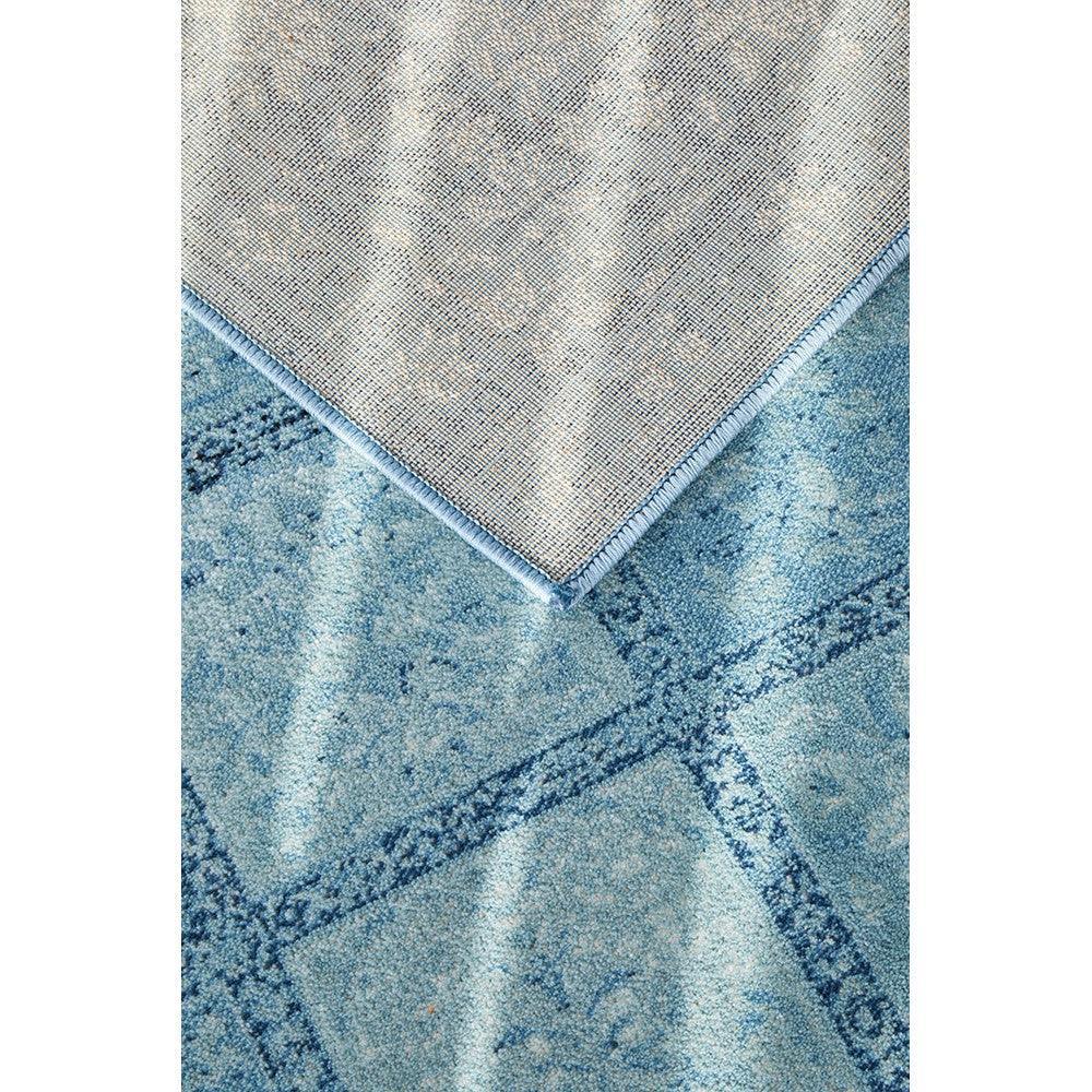 Calypso Blue Rug featuring distressed vintage floral pattern in light sky blue, steel blue and navy on pale blue background