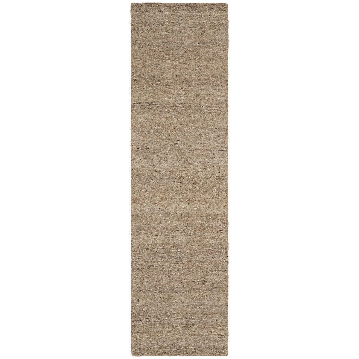 Conscious Loom Embrace Beige Runner Rug featuring textured weave in beige, taupe and tan on white, hand-woven wool