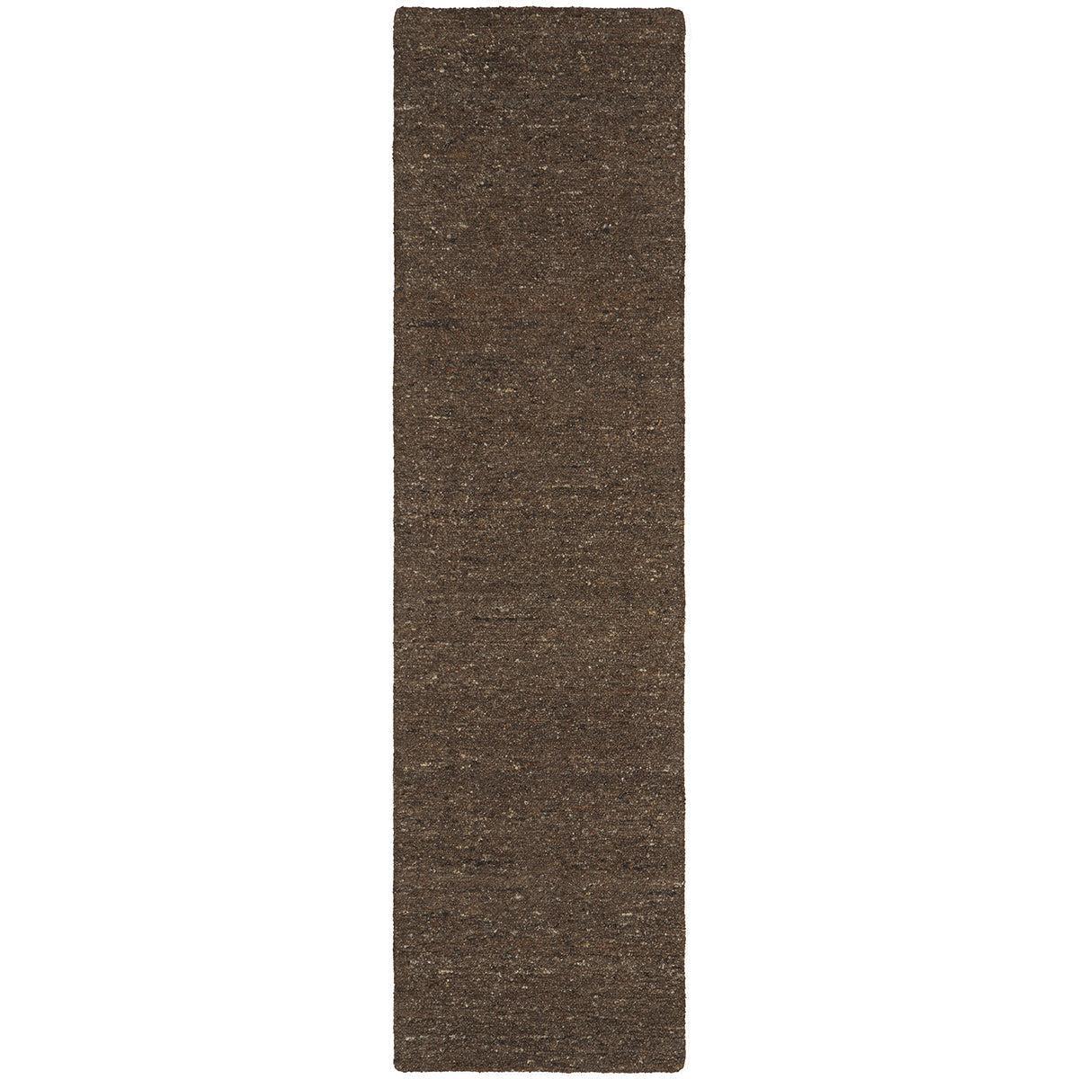 Conscious Loom Embrace Brown Rug featuring textured weave in dark chocolate brown, tan, beige on white, loom-woven wool
