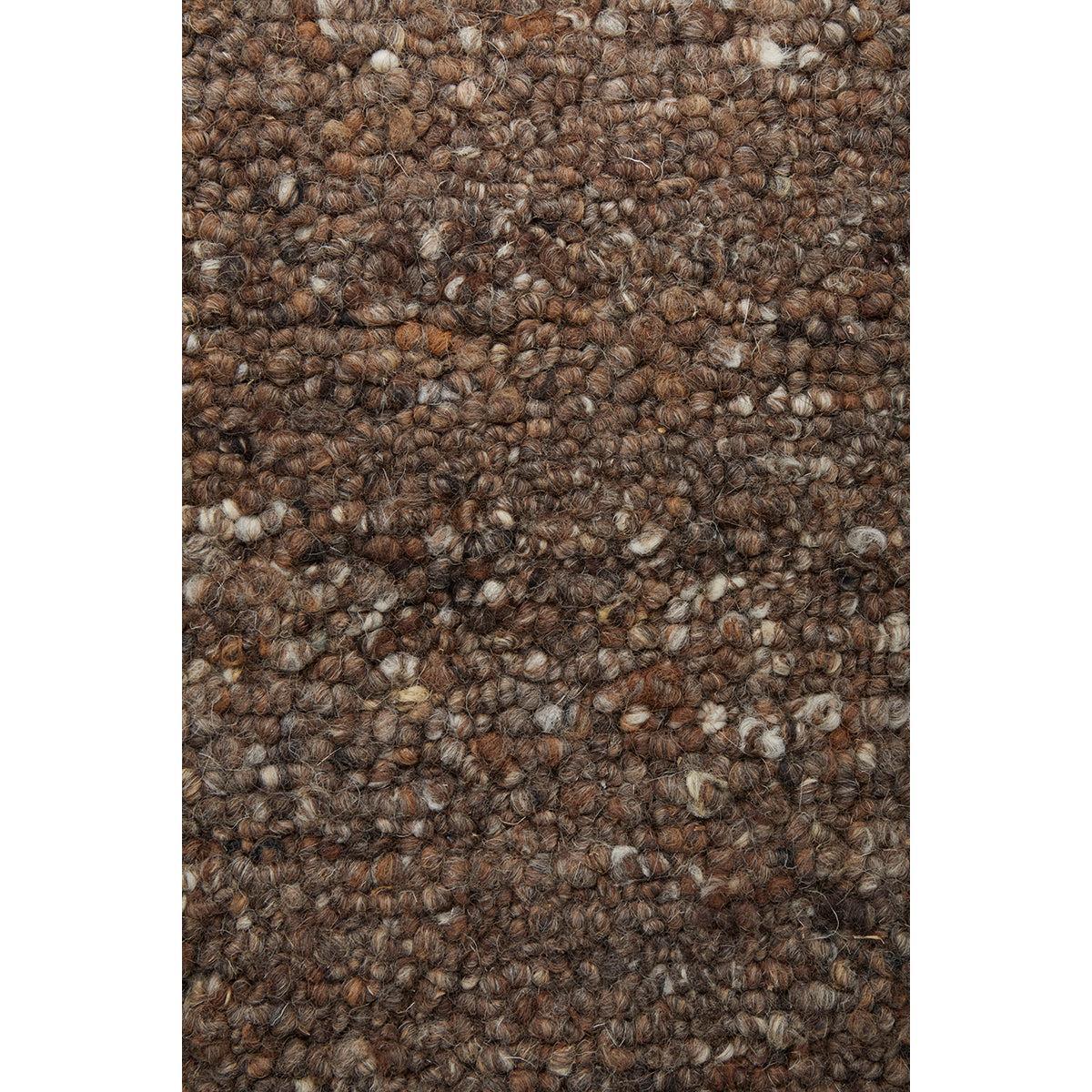 Conscious Loom Embrace Brown Runner Rug featuring textured boucle in brown, taupe and cream on warm brown background, hand-tufted wool