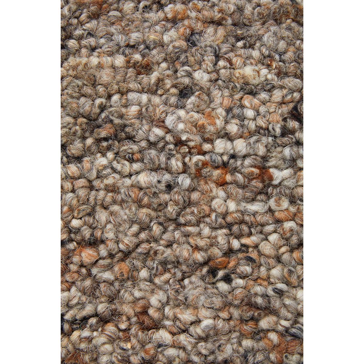 Conscious Loom Embrace Stone Runner Rug featuring hand-loomed boucle in taupe, cream, rust on white background, wool