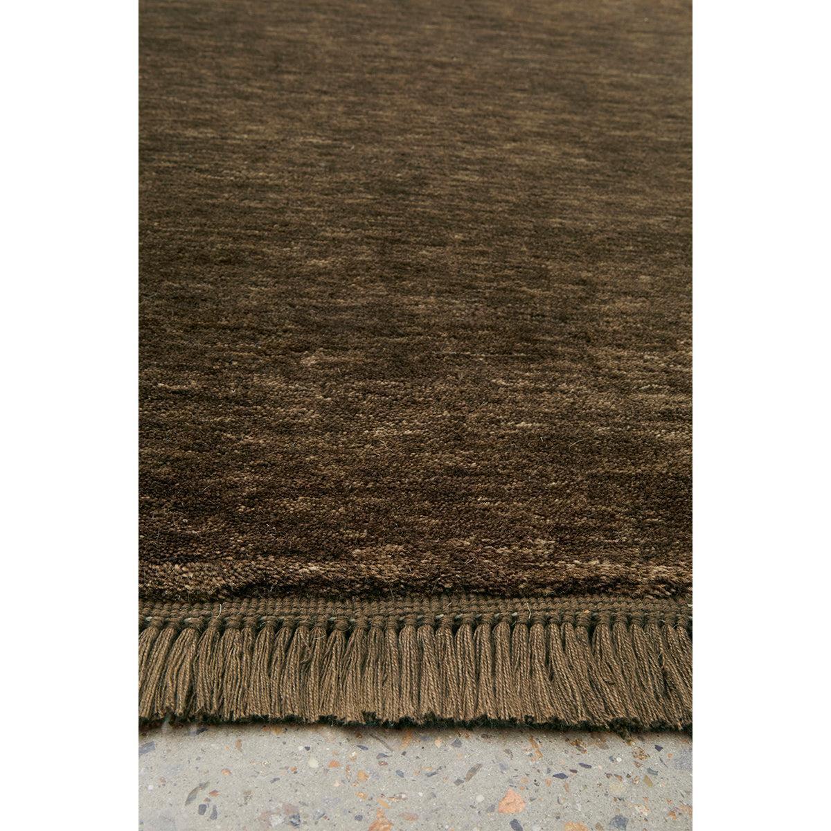 Conscious Loom Kinship Bear Brown Runner Rug featuring textured gradient in bear brown, chocolate brown on grey floor