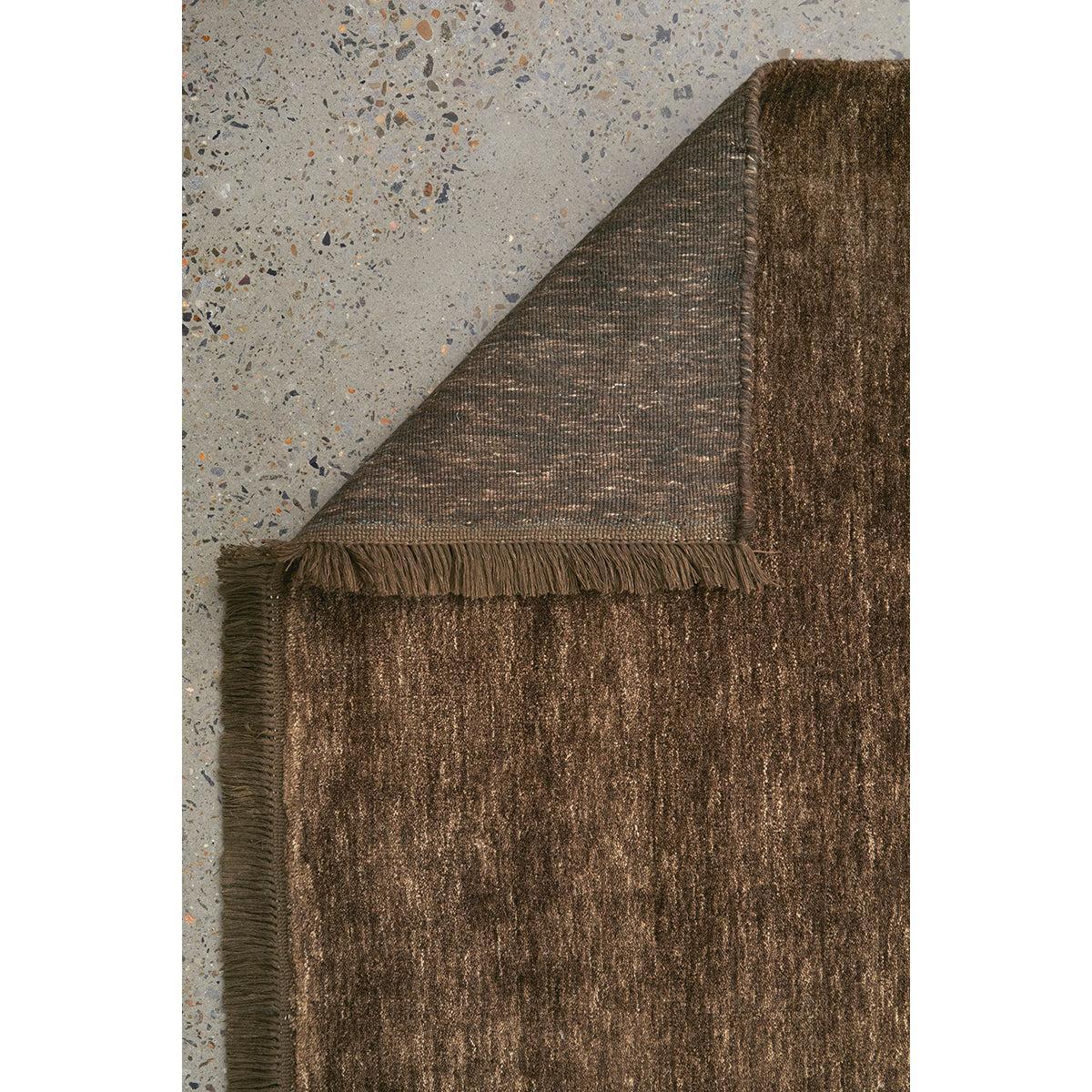 Conscious Loom Kinship Bear Brown Runner Rug featuring pattern in dark chocolate brown, taupe on grey hand-loomed wool