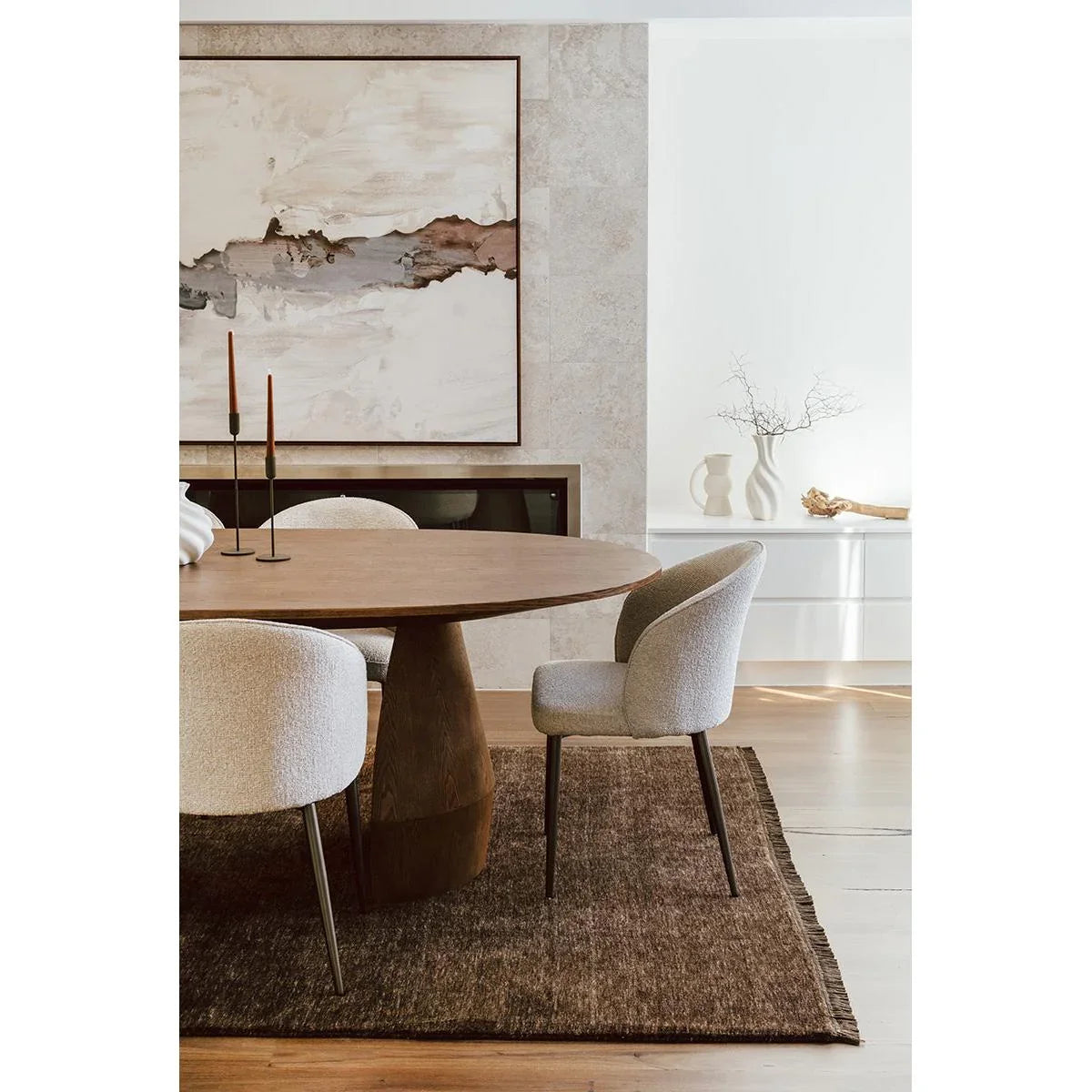Conscious Loom Kinship Bear Brown Rug with textured weave in dark chocolate and chestnut on beige floor tufted wool