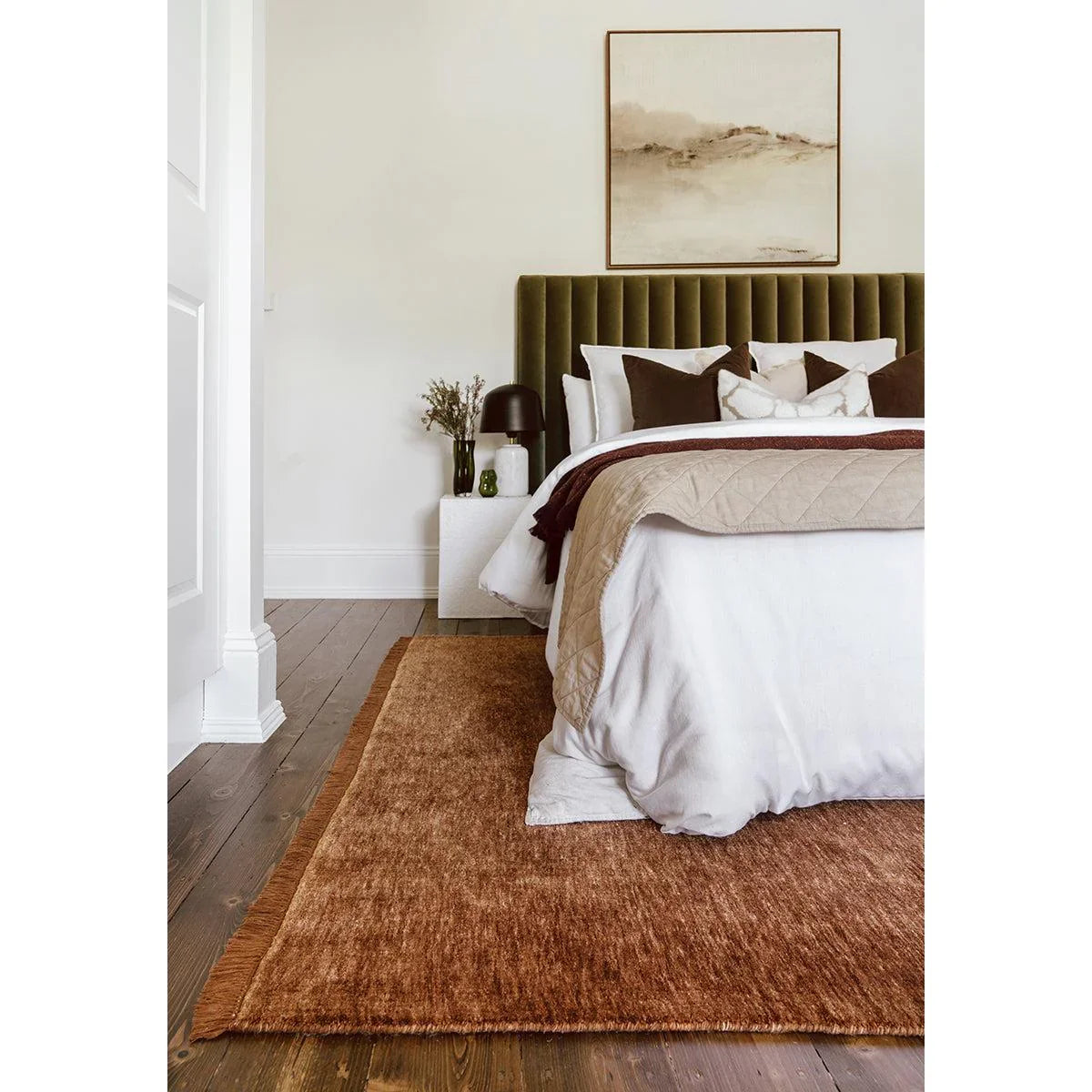Conscious Loom Kinship Caramel Rug with textured solid in caramel, olive, ivory on cream background, hand-woven wool