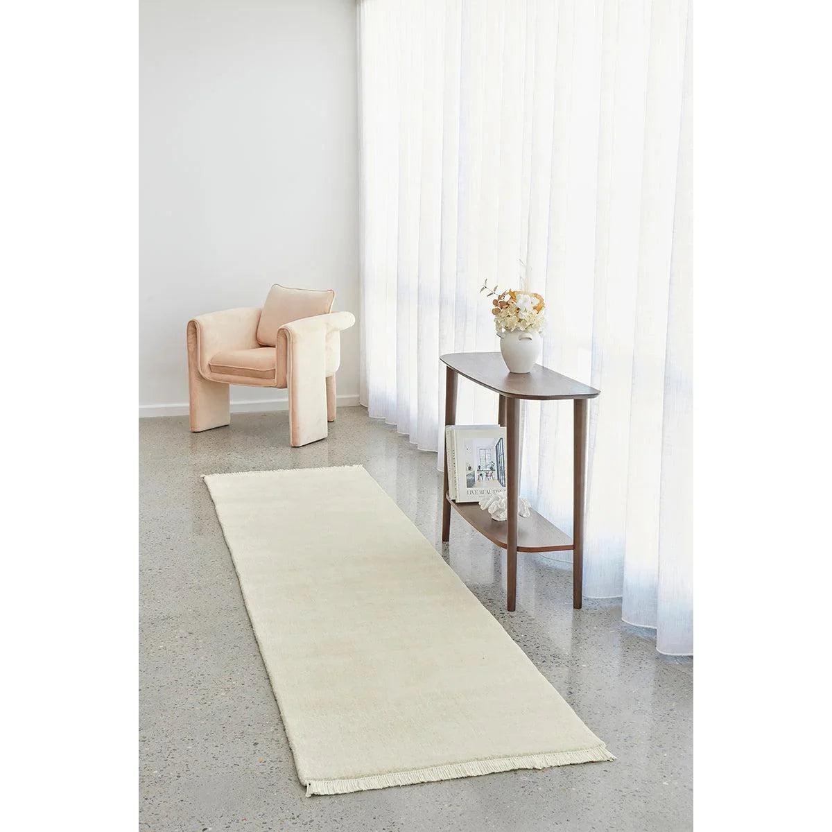 Conscious Loom Kinship Cream Runner Rug featuring cream, ivory and beige on light grey floor, machine-woven wool