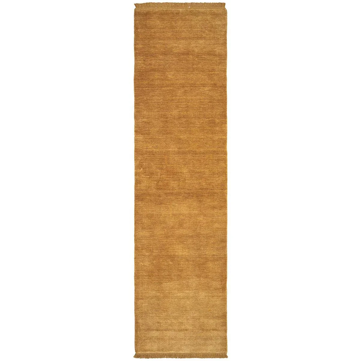 Conscious Loom Kinship Honey Rug featuring solid design in honey and amber on white background, hand-loomed wool