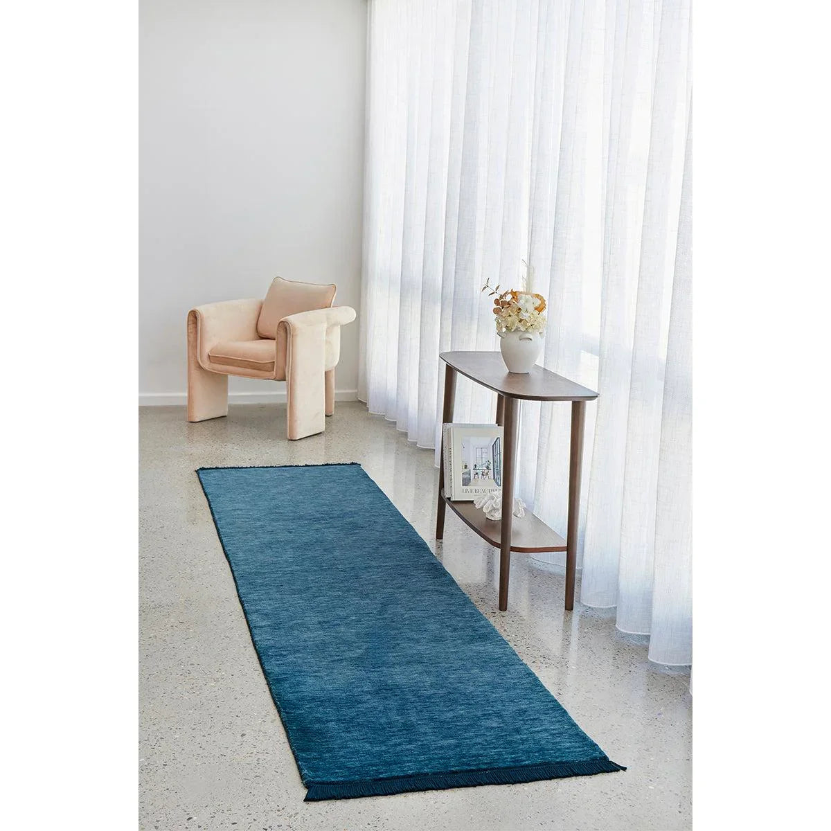 Conscious Loom Kinship Navy Runner Rug featuring solid navy design on light cream floor, hand-tufted wool