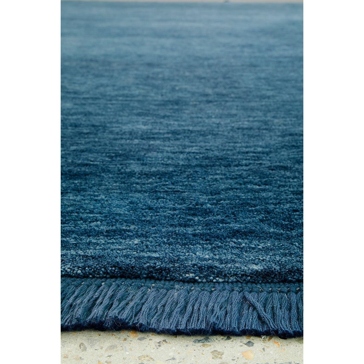 Conscious Loom Kinship Navy Runner Rug featuring textured pattern in navy blue and indigo on beige background woven wool