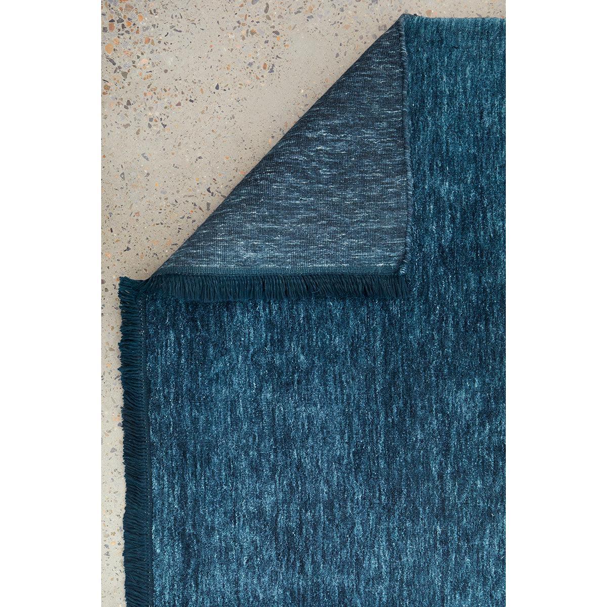 Conscious Loom Kinship Navy Runner Rug featuring textured navy, teal and cobalt on cream background, hand-woven wool