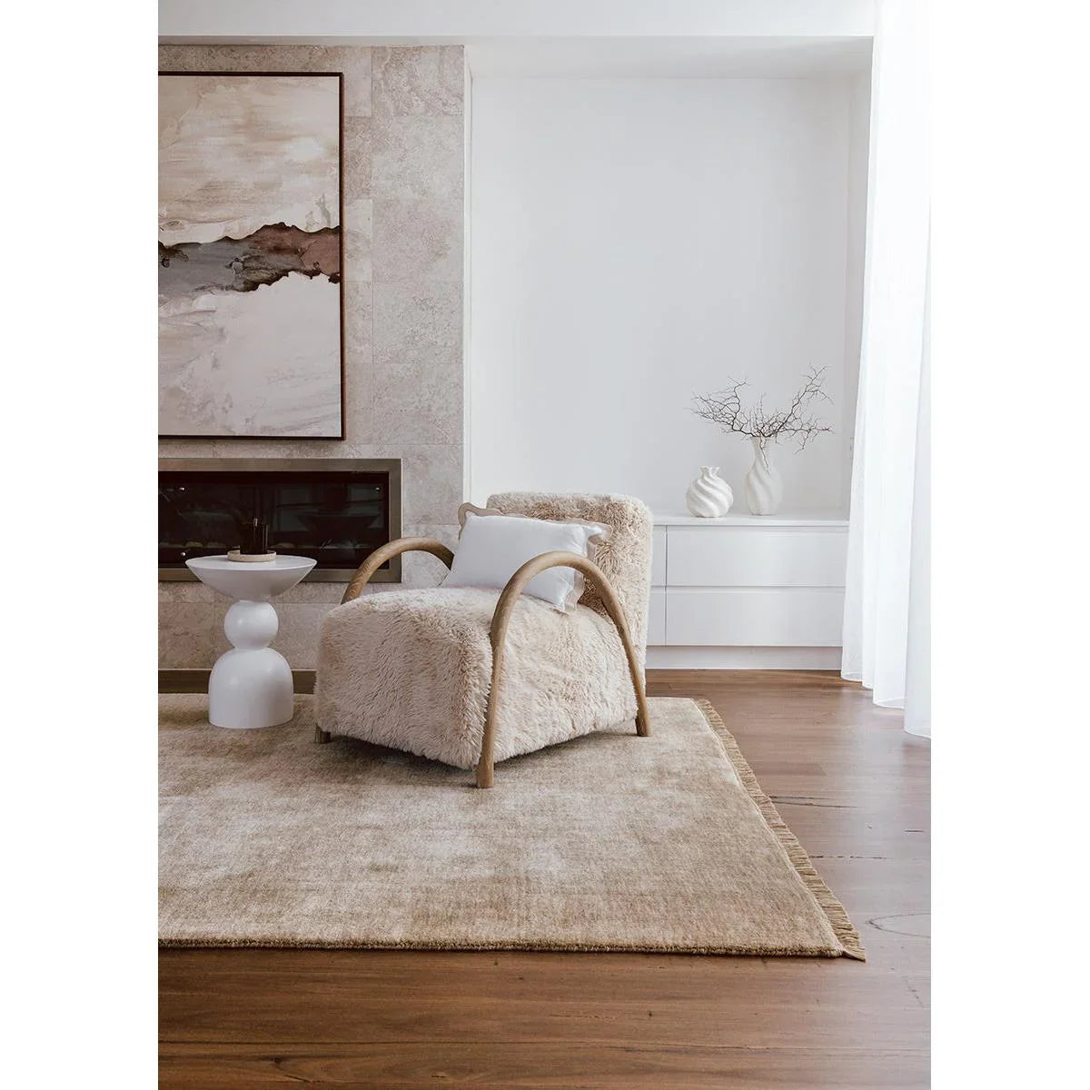 Conscious Loom Kinship Oyster Rug featuring plush shag texture in oyster and cream colours on beige background, handwoven wool