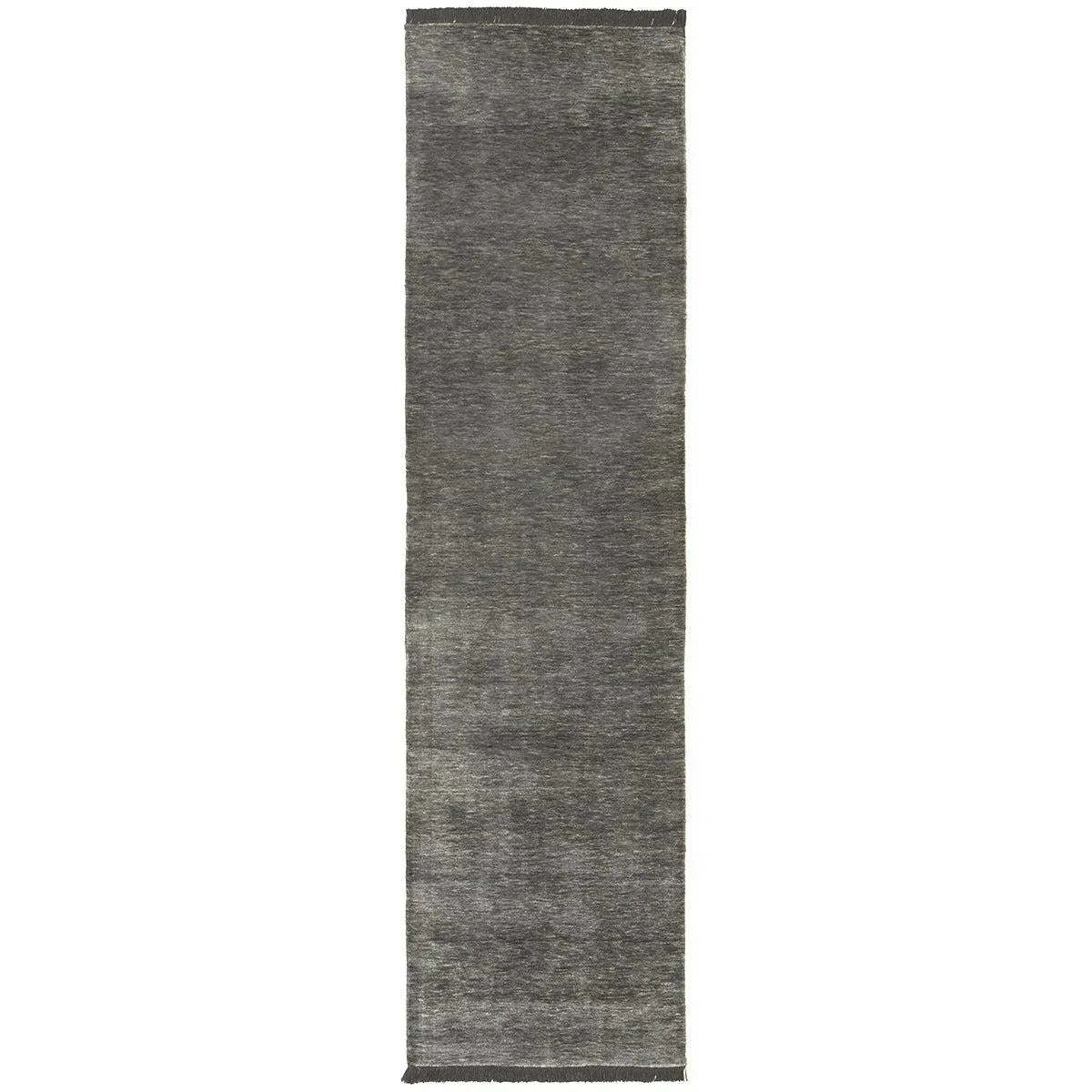 Conscious Loom Kinship Seal Grey Rug featuring charcoal grey, slate grey and ash grey on white, loom-woven wool