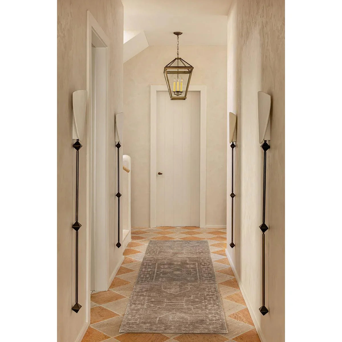 Darren Palmer Ceylon Almond Runner Rug featuring medallion pattern in charcoal grey and ivory on peach floor tufted wool