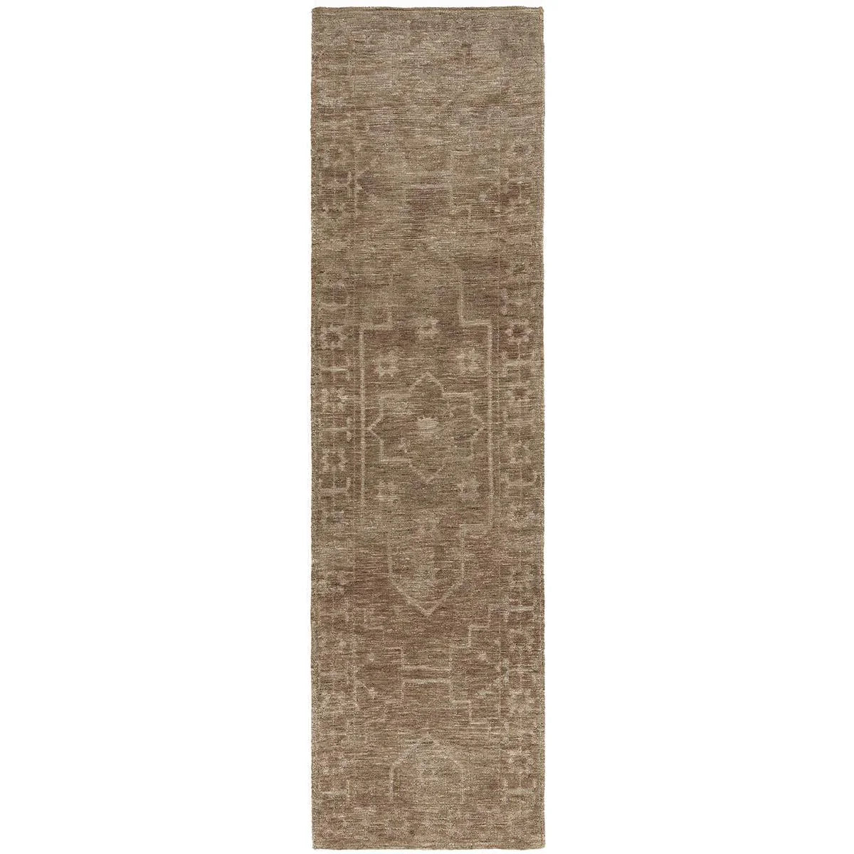 Darren Palmer Ceylon Almond Rug featuring medallion pattern in almond, taupe, beige on white background hand-tufted wool