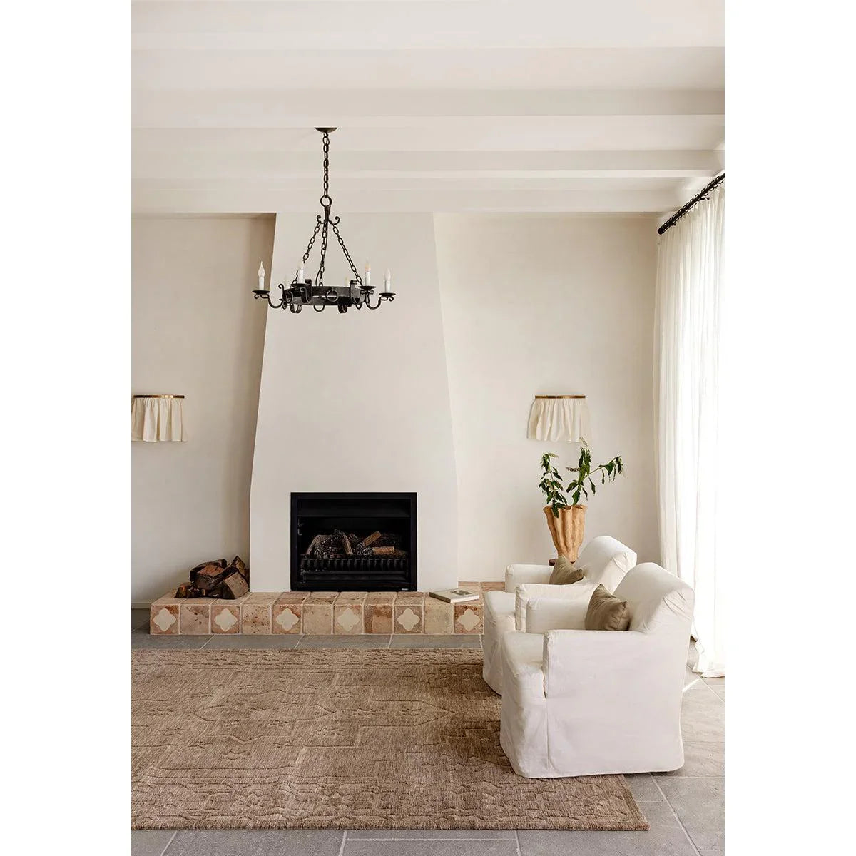 Darren Palmer Ceylon Almond Rug featuring textured weave in almond, beige and taupe on grey tile; hand-woven natural fibre.