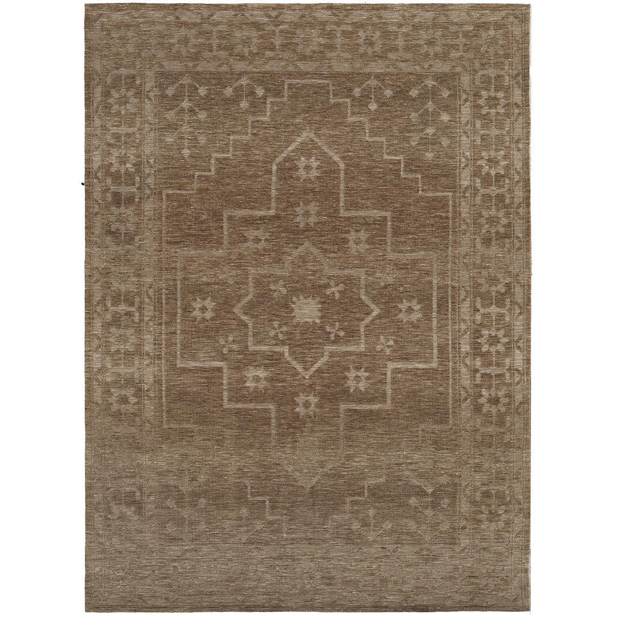 Darren Palmer Ceylon Almond Rug featuring geometric medallion in almond beige taupe on brown background, tufted wool
