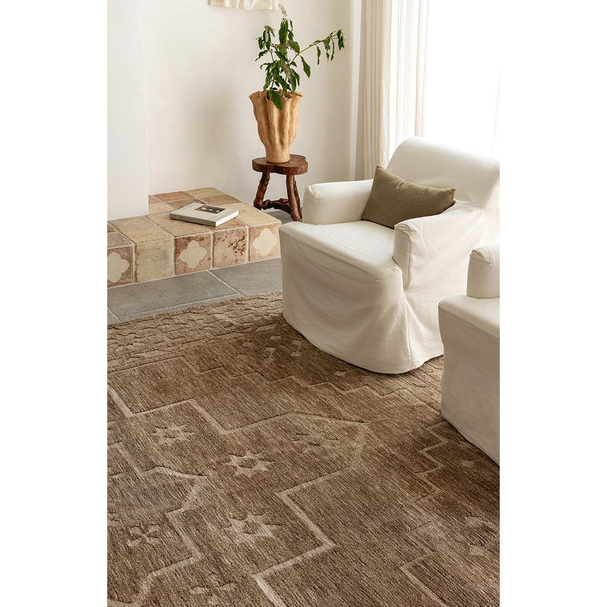 Darren Palmer Ceylon Almond Rug with geometric blocks in dark brown, taupe and beige on cream background, tufted wool