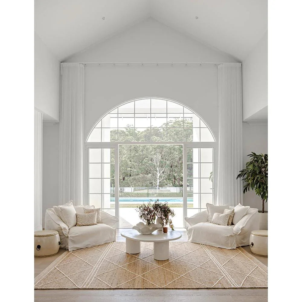 Darren Palmer Earth Natural Rug featuring geometric lattice in beige, cream and white on ivory background handwoven jute