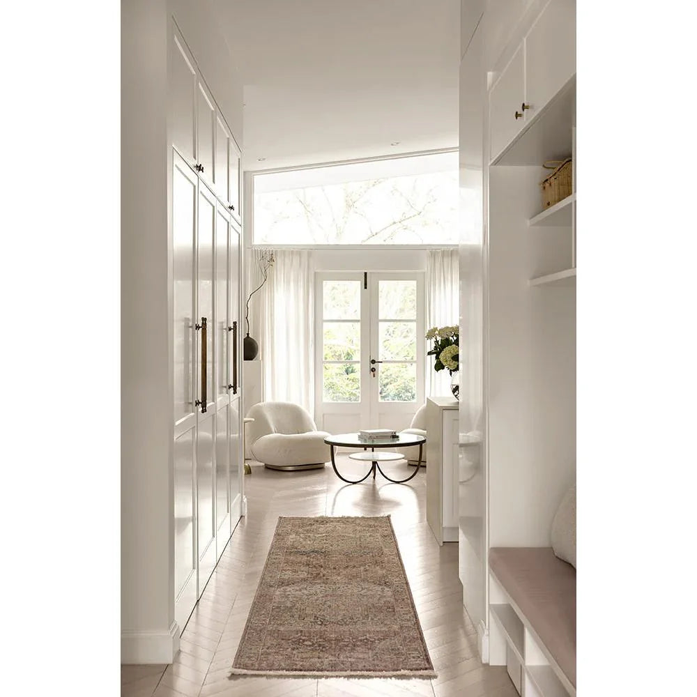 Darren Palmer Heirloom Plum Runner Rug featuring pattern in plum, taupe and ivory on cream background, tufted wool