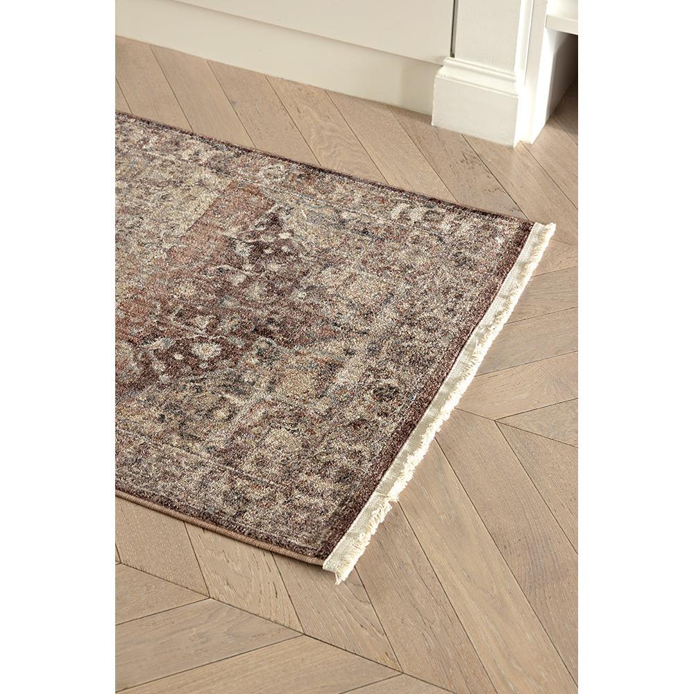 Darren Palmer Heirloom Plum Runner Rug with distressed vintage pattern in plum, brown, beige on beige floor, tufted wool