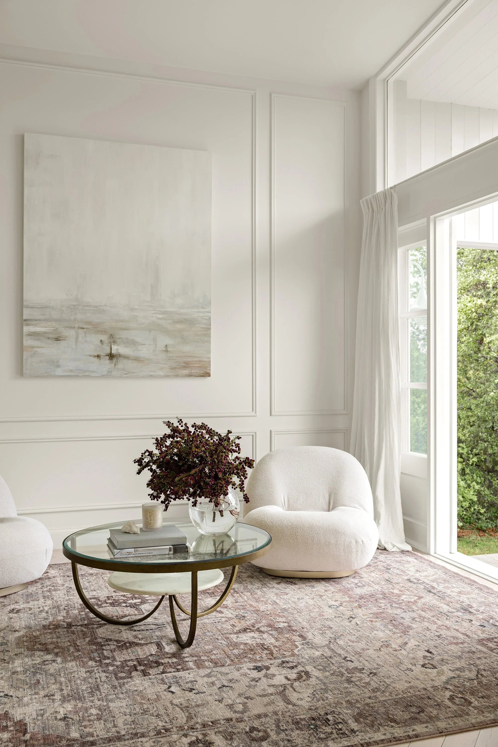 Darren Palmer Heirloom Plum Rug featuring Persian-inspired pattern in plum, cream and taupe on ivory, hand-tufted wool