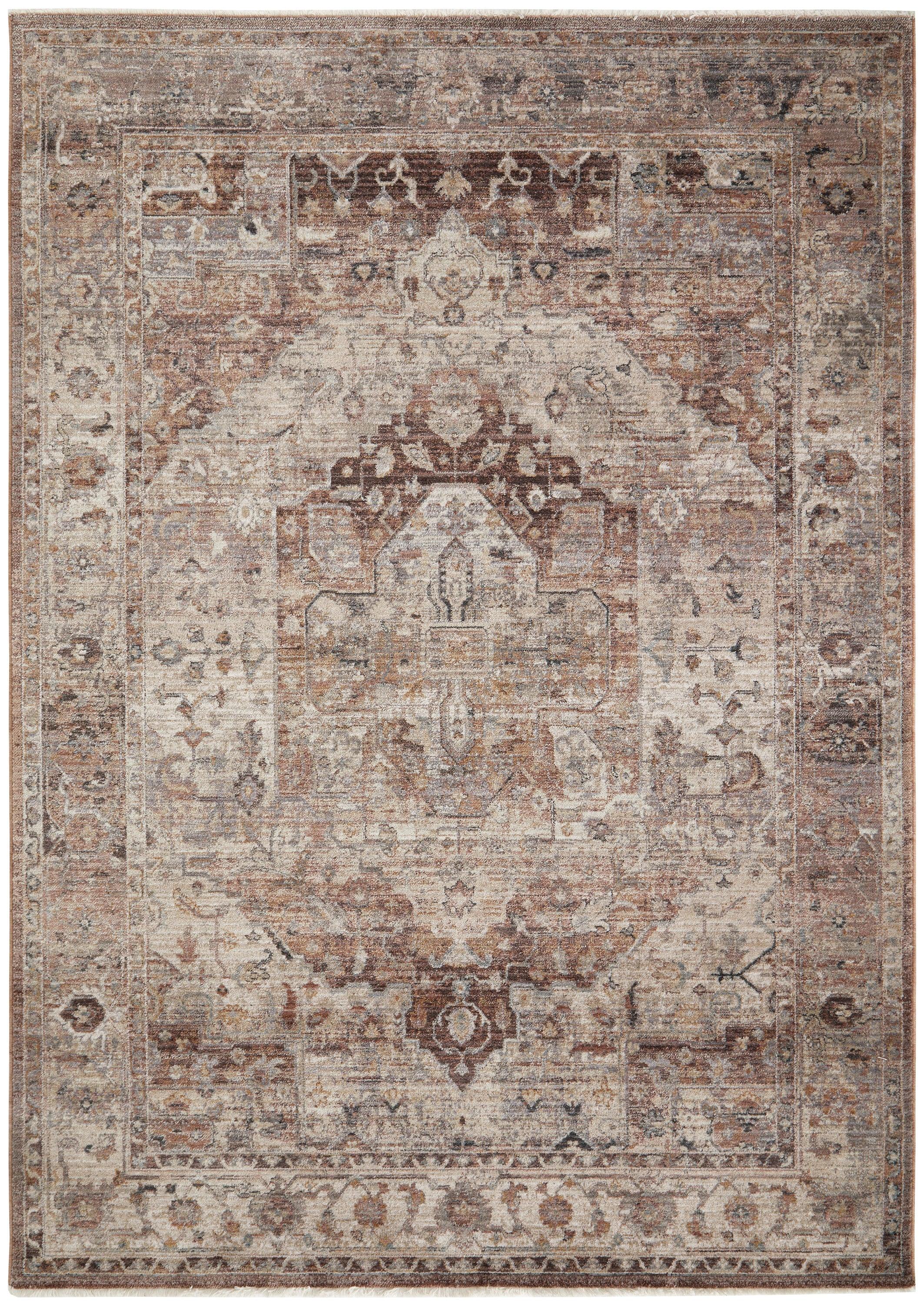 Darren Palmer Heirloom Plum Rug distressed oriental in plum, taupe, ivory on ivory background, machine-woven polyester