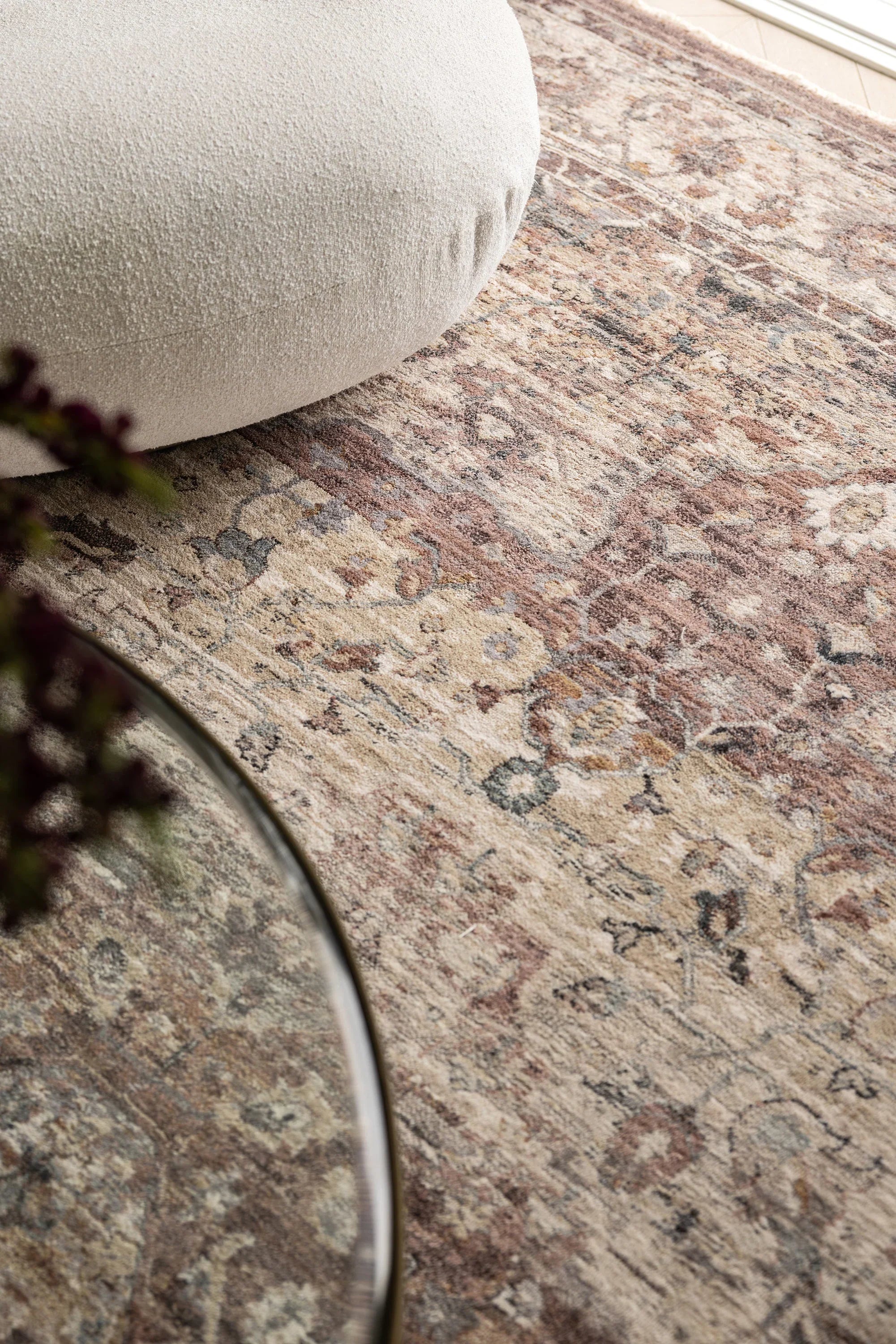 Darren Palmer Heirloom Plum Rug featuring floral pattern in plum, dusty rose, beige on beige, hand-tufted wool