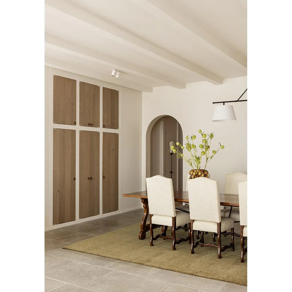 Darren Palmer Legacy Olive Rug featuring solid olive design in olive, beige and cream on light grey tile floor, hand-tufted wool