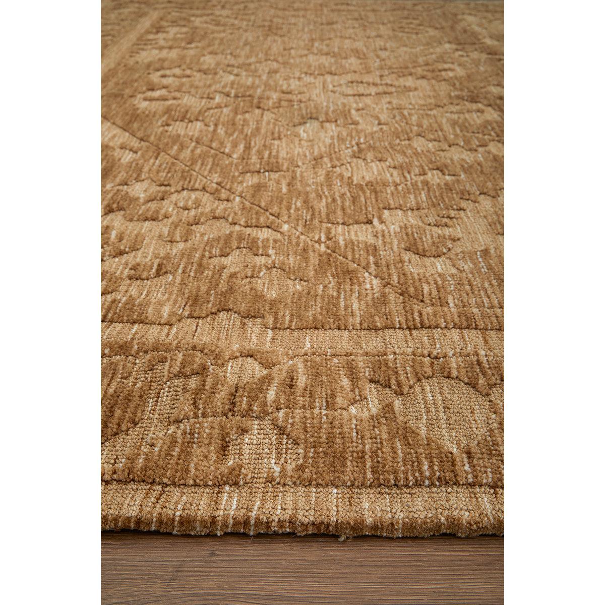 Darren Palmer Malabar Ginger Runner Rug featuring geometric patchwork in camel, beige, cream on wood floor tufted wool