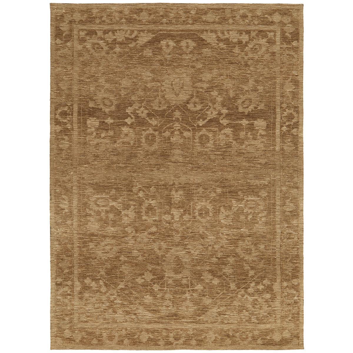 Darren Palmer Malabar Ginger Rug featuring medallion in ginger, tan and beige on white background, machine-made wool