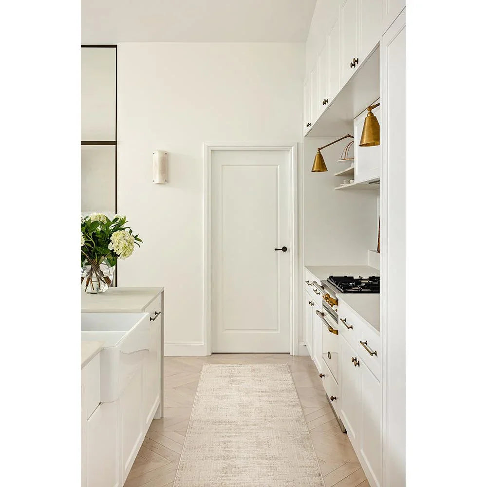 Darren Palmer Morgana Stone Runner Rug with textured pattern in beige, cream and stone on beige floor, machine-woven synthetic