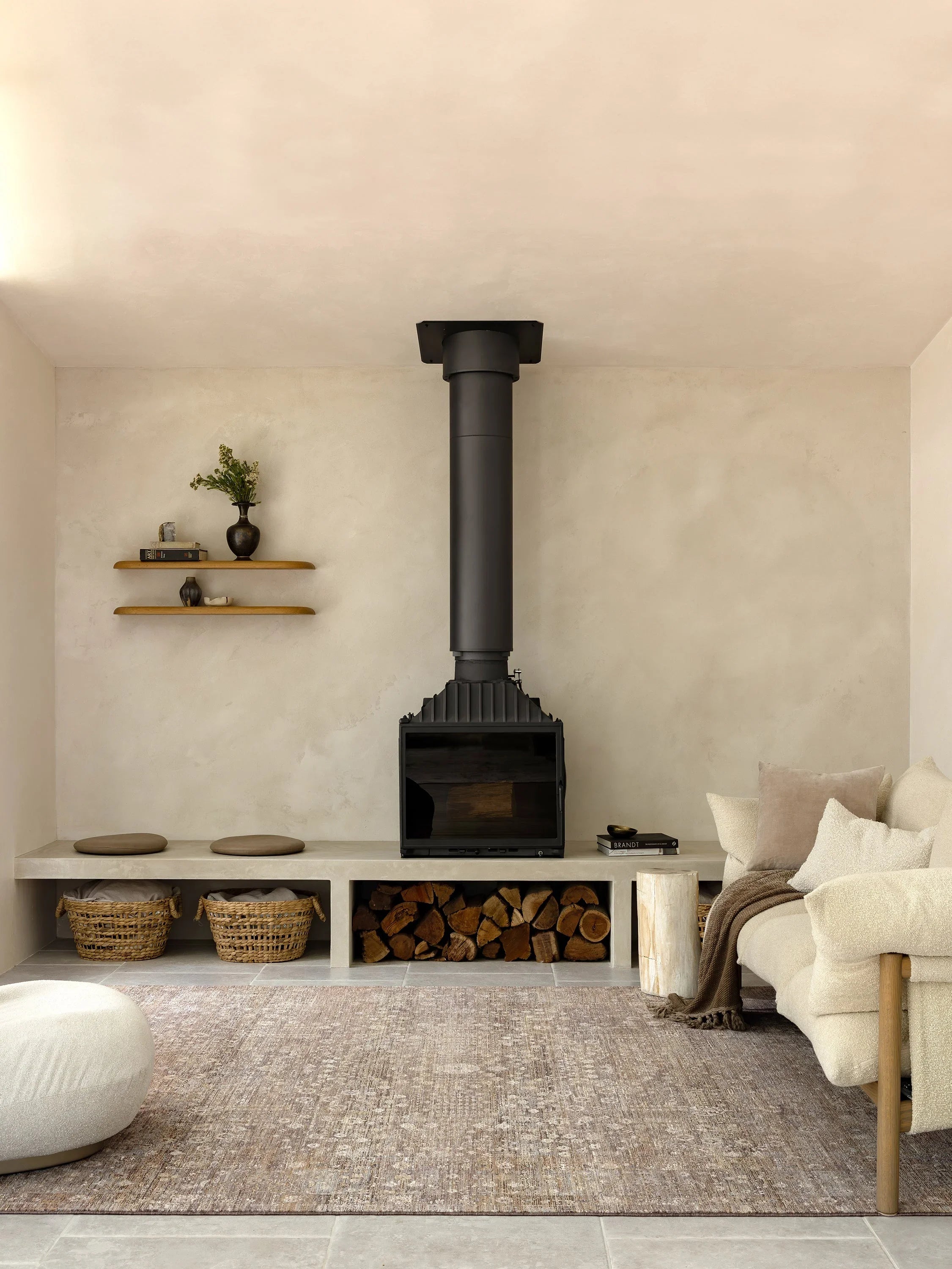 Darren Palmer Moorland Fig Rug featuring textured pattern in rose, taupe and cream on beige background, tufted wool