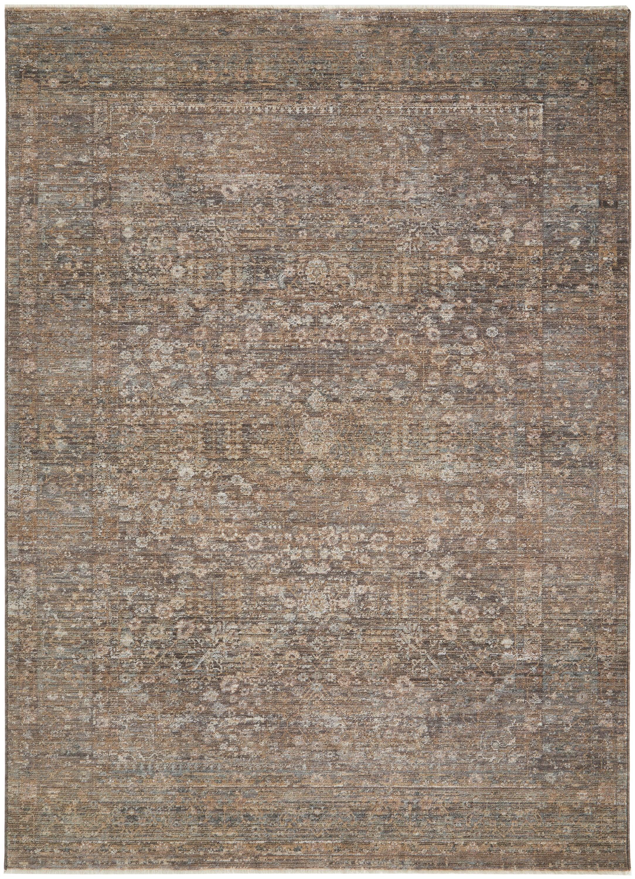 Darren Palmer Moorland Fig Rug featuring distressed vintage in warm brown, taupe and ivory on white background, hand-tufted wool